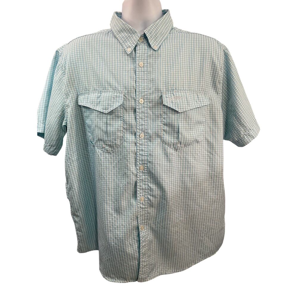 AFTCO Light Blue Plaid Short Sleeve Button-Up Shirt Size Large 100% Polyester
